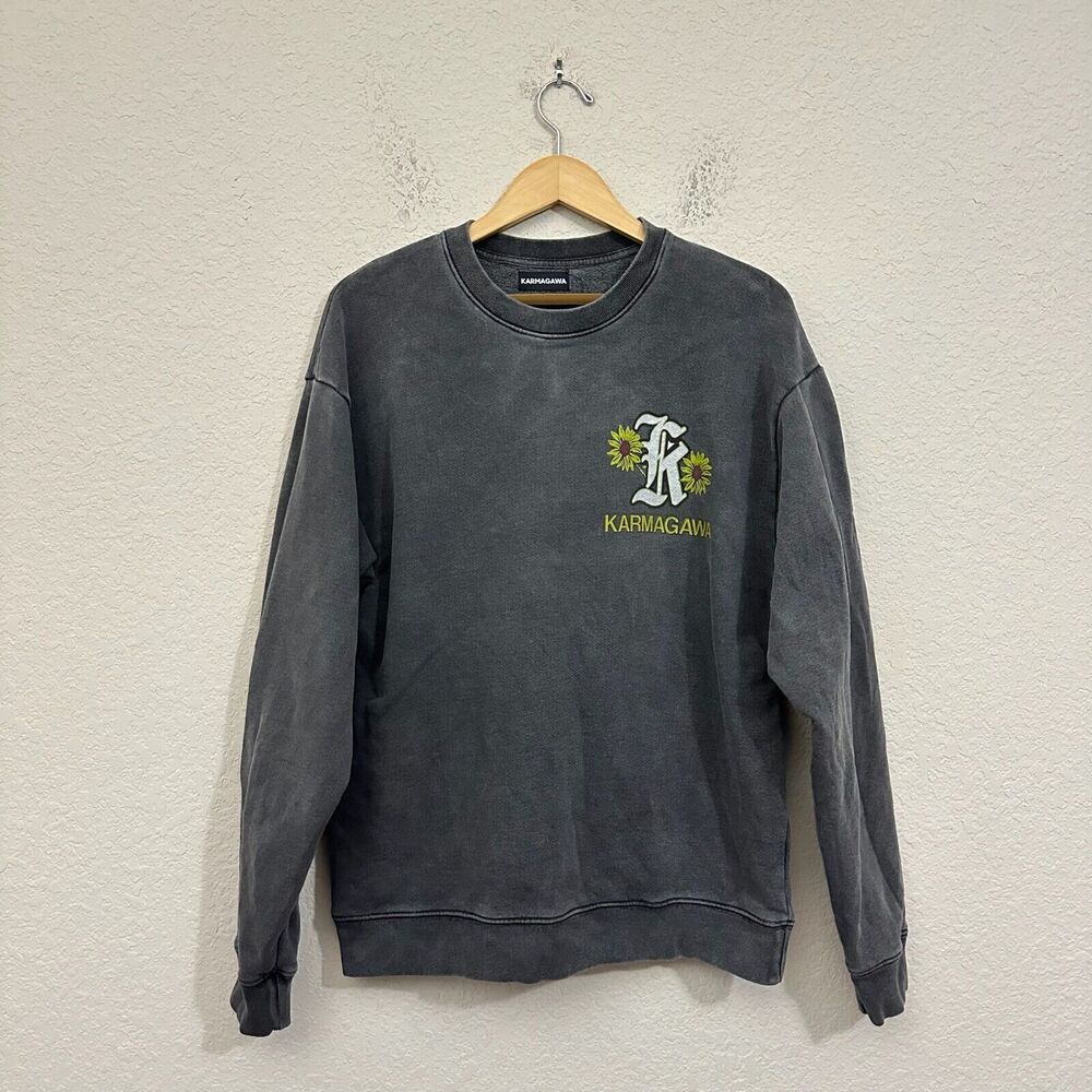 KARMAGAWA Men's Crewneck Pullover Sweatshirt w Floral Graphic Washed Grey